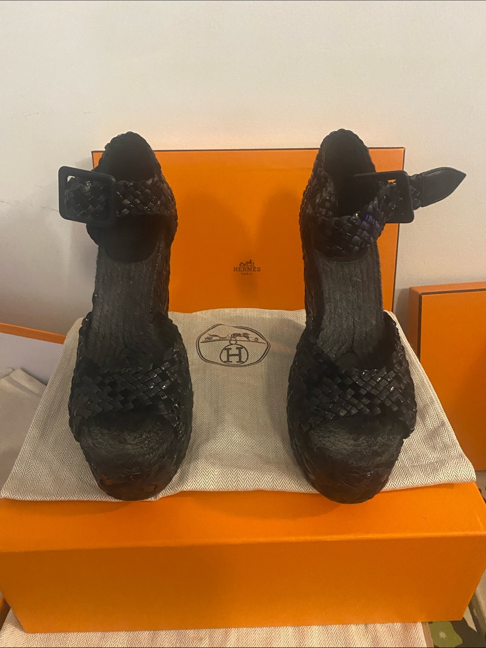 Hermes Black Woven Ankle-Strap Wedge Sandals with Espadrille Sole